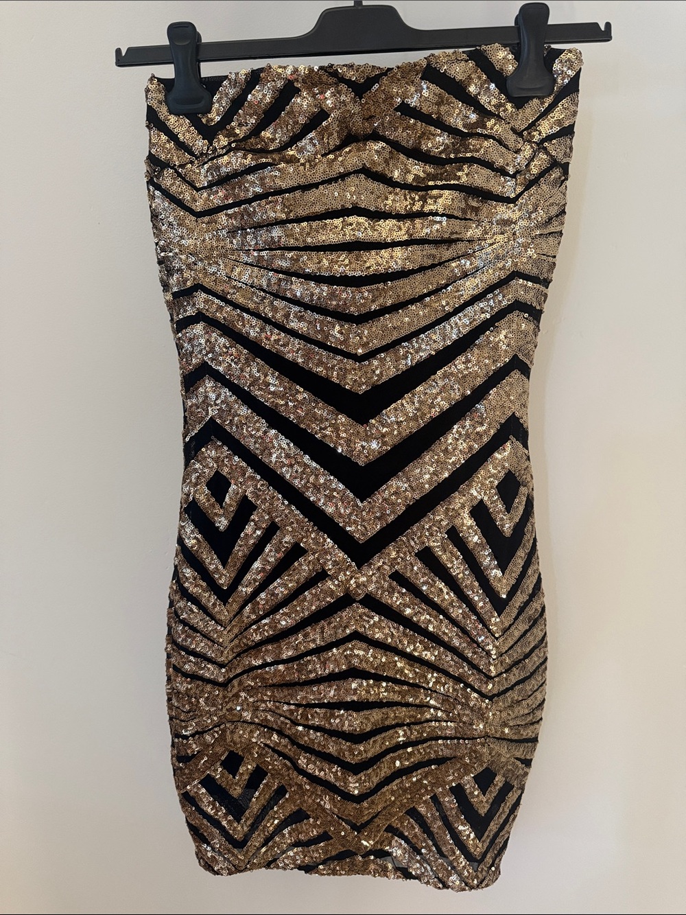 Entry Gold Sequin Strapless Mini Dress with Black Pattern